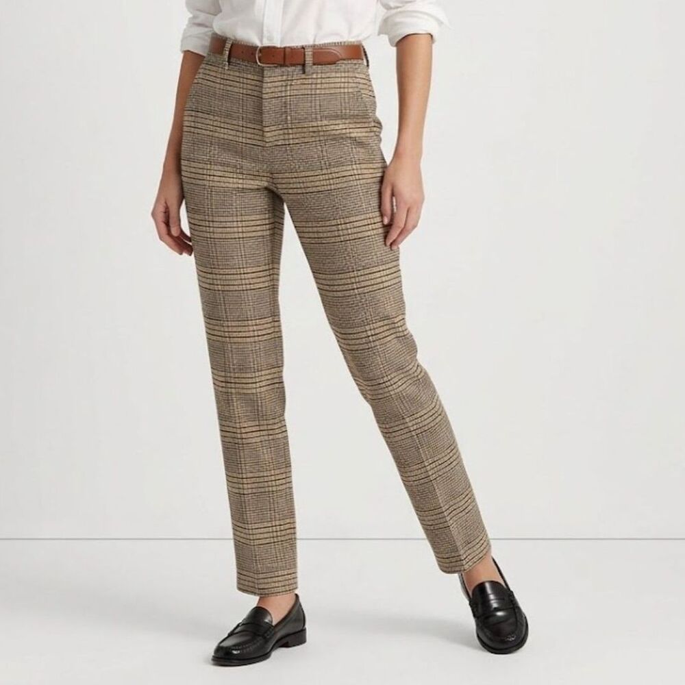 Lands End Women's 14 XL brown plaid Brushed Flannel High Rise Tapered pants new